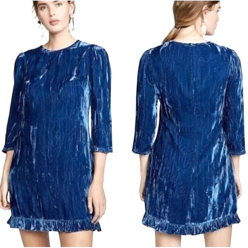 NEW SHOSHANNA Velvet Puff Sleeve Ruffle Hem Mini Dress‎ SZ 8 Blue Winter Holiday